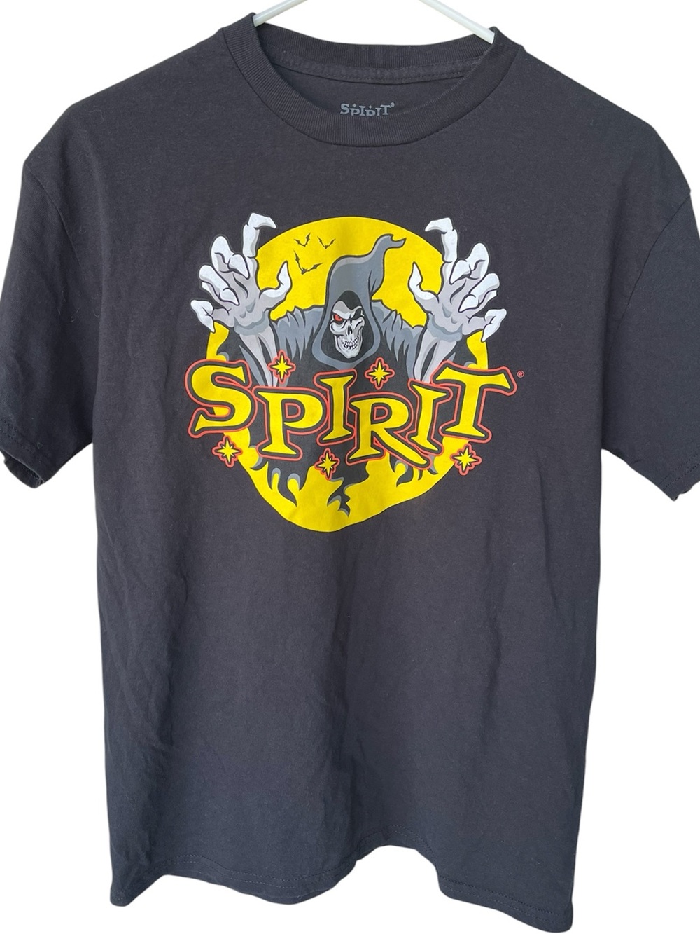 Spirit Halloween Black Tee with Yellow Moon & Gray Reaper Graphic Size Medium